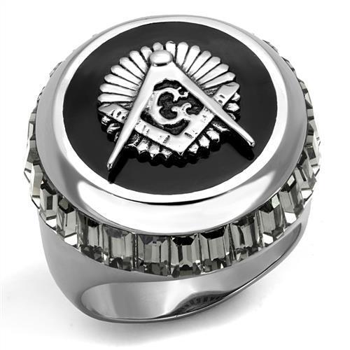 90008 STAINLESS STEEL MENS MASON SYMBOL BLACK STRIPED ENAMEL DESIGN SIGNET  RING - Gemelli Jewelers