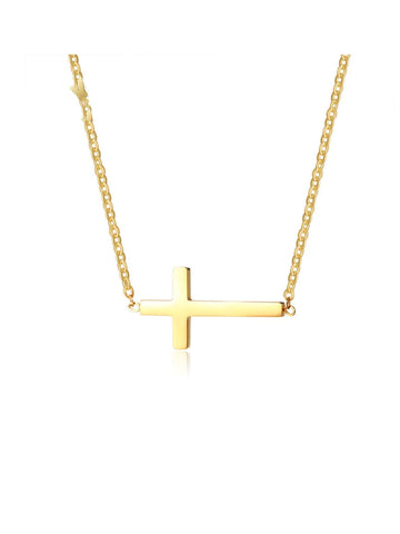 14k Women's Yellow Gold Plated Stainless Steel Cross Necklace 16' + 2" extension