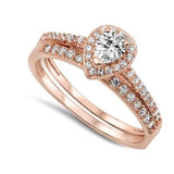 Enchanted Elegance: 1.50ct Rose Gold Plated Sterling Silver Halo Design Pear Shaped CZ Wedding Ring Set