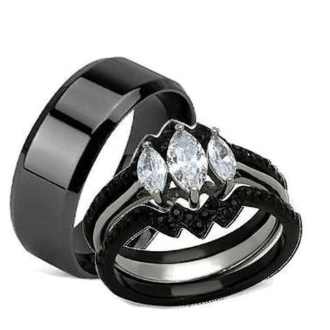 His Hers 4 Piece CZ Black Plated Stainless Steel Matching Wedding Band Ring Set