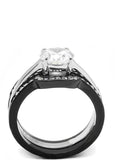 His Hers 4 Piece CZ Black Plated Stainless Steel Matching Wedding Band Ring Set