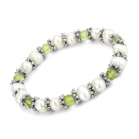 Women's Antique Silver Light Green Bead and White Synthetic Pearl Stretch Bracelet