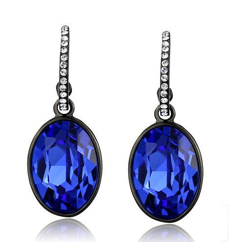 Women's Oval Cut Sapphire Blue Cz Black Stainless Steel Dangle Hoop Earrings