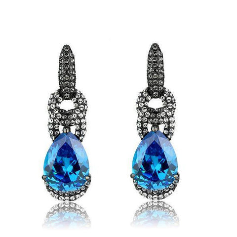 Edwin Earls Blue Pear Shaped Crystal Stone Dangle Earrings Black Plated  Stainless Steel