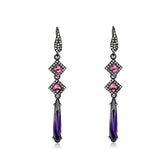 Purple Amethyst Crystal Dangle Earrings Black Plated Stainless Steel