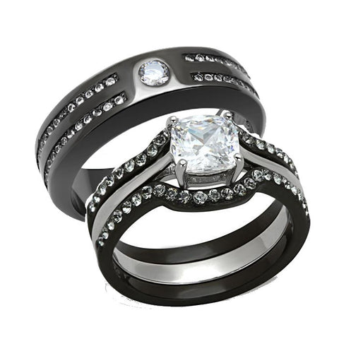 Edwin Earls Couples 4 Piece CZ Engagement Wedding Ring Set Black Stainless Steel