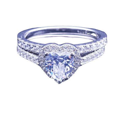 Women's Halo Heart Shaped CZ Wedding Ring Set Sterling Silver