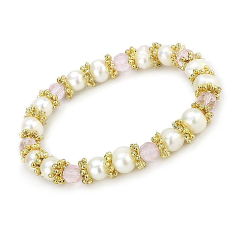 Women's Antique Silver Light Pink Bead and White Synthetic Pearl Stretch Bracelet