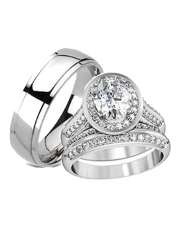 His Hers Halo Cz Matching Wedding Ring Set Stainless Steel & Titanium - Edwin Earls Jewelry