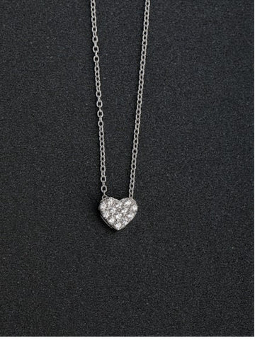 Micro Pave' Petite Cz Heart Necklace in Sterling Silver Platinum Plated - Edwin Earls Jewelry