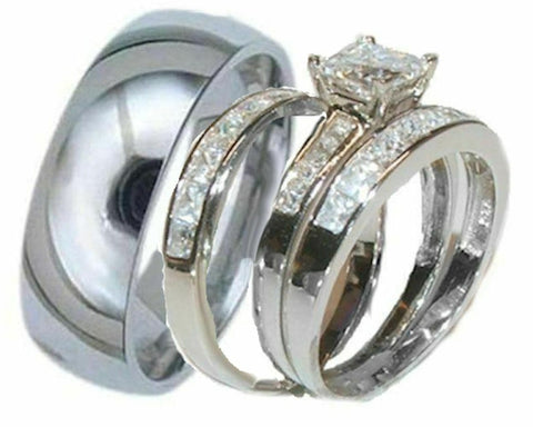 His and Hers Wedding Rings 4 Piece Cz Ring Set 925 Sterling Silver & Titanium - Edwin Earls Jewelry