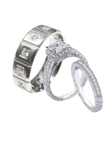 Edwin Earls Ladies 2.50ct Vintage Style Simulated Diamond Wedding Ring Set Sterling Silver Men's Titanium Wedding Ring - Edwin Earls Jewelry