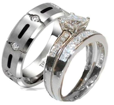 His & Hers 3 Piece Princess Cz Wedding Band Ring Set Sterling Silver & Titanium - Edwin Earls Jewelry