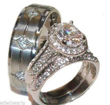 His & Hers 3 Piece Halo Cz Wedding Band Ring Set Stainless Steel & Titanium - Edwin Earls Jewelry