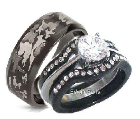 His & Hers 4 Piece Cz Black Stainless Steel Black Camouflage Wedding Rings Set - Edwin Earls Jewelry
