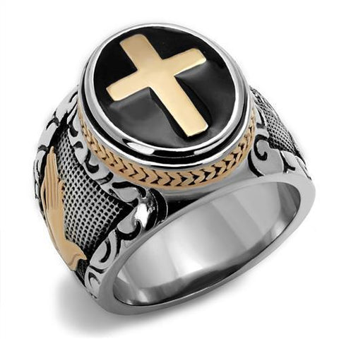 Edwin Earls Men's Black & Rose Gold Plated Stainless Steel Christian Cross Faith Ring
