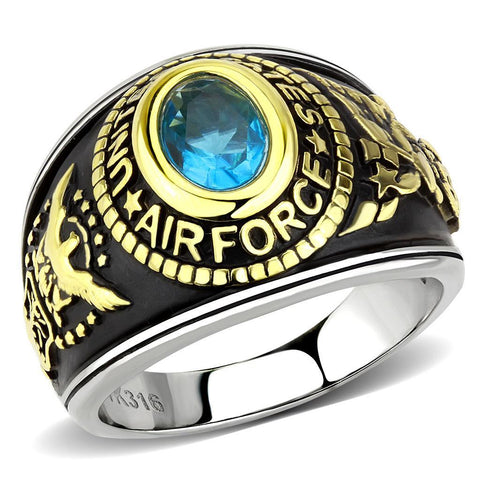 Men and Women United States Air Force Ring Military Rings Topaz Blue Stone Stainless Steel SZ 5-13