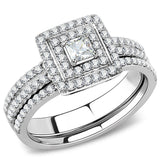 Women's Princess Cut Center Stone Double Halo Cz Stainless Steel Wedding Ring Set
