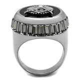 Mens Masonic Mason Lodge Ring in Stainless Steel with Black Emerald Cut Crystal Stones