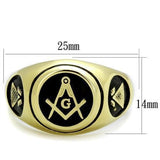 Men's Mason Masonic Freemason  Yellow Gold Plated Stainless Steel Ring with Black Epoxy Accents
