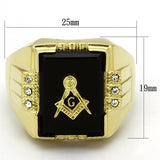 Men's Black Agate Masonic Lodge Freemason Ring Stainless Steel Yellow Gold Plated