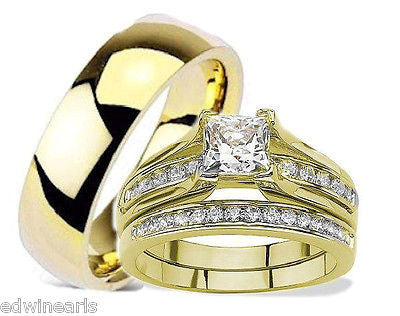 His Hers Cubic Zirconia Yellow Gold Ip Stainless Steel Titanium Wedding Ring Set - Edwin Earls Jewelry