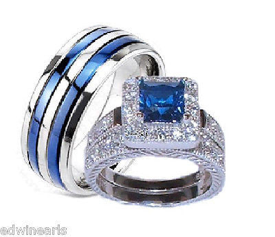 His & Hers Sapphire Blue & Clear Cz Wedding Ring Set Sterling Silver/Titanium - Edwin Earls Jewelry