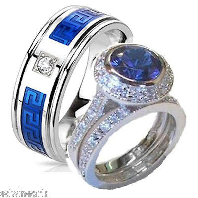 His & Hers Cz  Wedding Ring Set  Sterling Silver & Stainless Steel Wedding Rings - Edwin Earls Jewelry