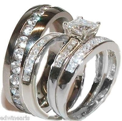 His & Her 4 Piece Wedding Ring Set 925 Sterling Silver & Stainless Steel - Edwin Earls Jewelry