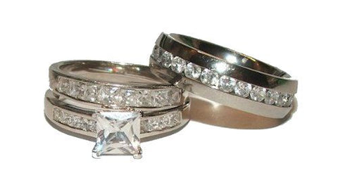 His Her Wedding Ring Set Women's Sterling Silver Men's Stainless Steel - Edwin Earls Jewelry