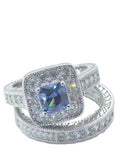 His Hers Blue & Clear Cz Wedding Ring Set Sterling Silver and Stainless Steel