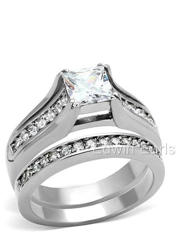 Women's Stainless Steel Princess Cut CZ Wedding Ring Set - Edwin Earls Jewelry