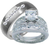 3 Pieces His Her Wedding Ring Set Sterling Silver & Titanium Cz Wedding Ring Set - Edwin Earls Jewelry