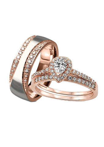 His her Wedding Ring Set 3 Piece Rose Gold Halo Diamond Cz Wedding Ring Set - Edwin Earls Jewelry
