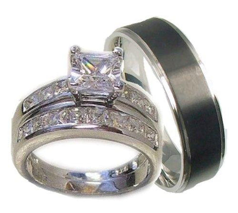 His & Her 3 Piece Wedding Ring Set 925 Sterling Silver and Stainless Steel - Edwin Earls Jewelry