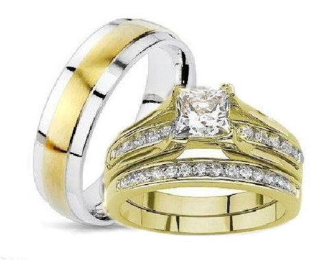 His Hers Princess Cut Wedding Ring Set Yellow Gold Plated Stainless Steel - Edwin Earls Jewelry