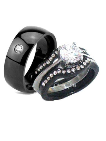 His Hers 4 Piece Black Stainless Steel Matching Wedding Band Ring Set - Edwin Earls Jewelry
