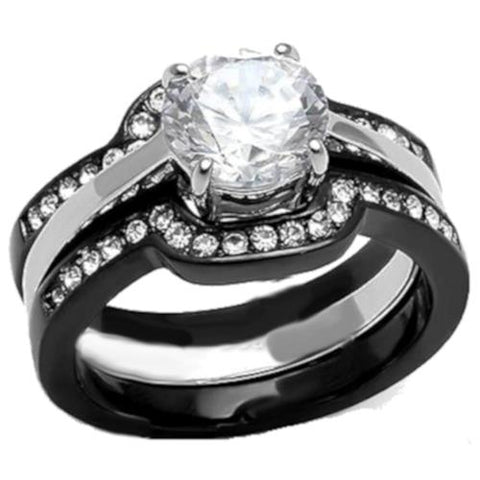3 Piece Black Band Wedding Ring Round Brilliant Cut Cubic Zirconia Wedding Ring Set - Edwin Earls Jewelry