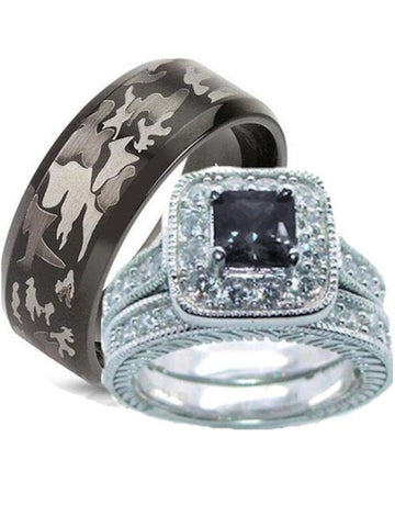 His Hers Wedding Ring Set Black Cz Sterling Silver and Camo Stainless Steel - Edwin Earls Jewelry