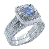 His & Hers Sapphire Blue & Clear Cz Wedding Ring Set Sterling &Titanium - Edwin Earls Jewelry
