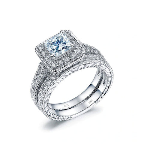 Women's 2.50ct Halo Style Princess Cut Cubic Zirconia Sterling Silver Wedding Ring Set - Edwin Earls Jewelry