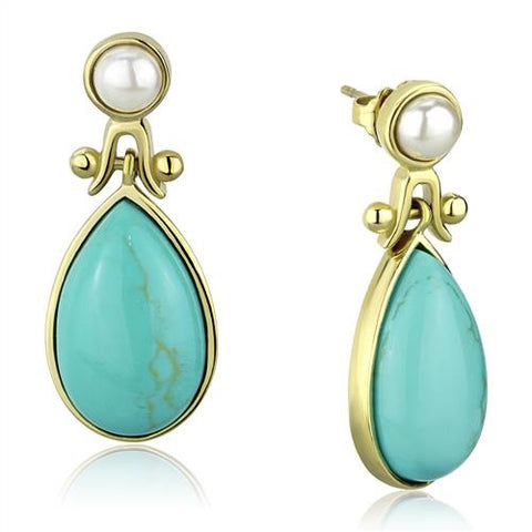 Women's Turquoise & Pearl Dangle Earrings Yellow Gold Plated Stainless Steel - Edwin Earls Jewelry