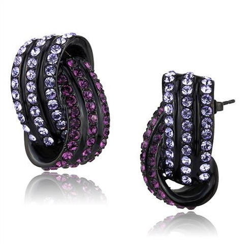 Purple & Lavender Crystal Twisted Hoops Stud Earrings Black Plated Stainless Steel - Edwin Earls Jewelry