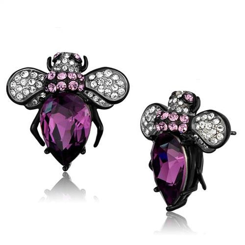 Purple Amethyst Bumble Bee Black  & Silver Stainless Steel Earrings - Edwin Earls Jewelry