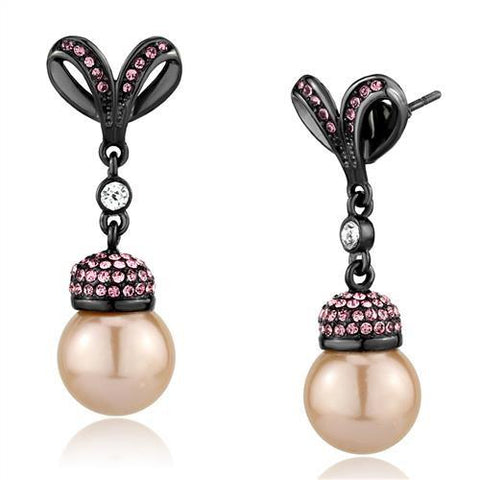 Rose Pink Pearl & Pink Crystal Dangle Earrings Black IP Stainless Steel - Edwin Earls Jewelry