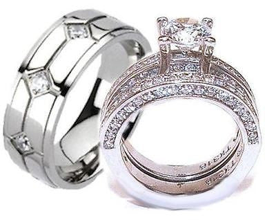 His & Hers Cz Wedding Ring Set Stainless Steel & Mens Titanium Wedding Ring Set - Edwin Earls Jewelry