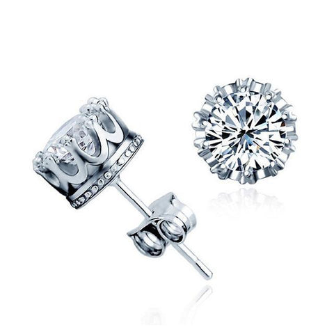 Hearts and Arrows Solid 925 Sterling Silver Simulated Diamond Cz Crown Stud Earrings - Edwin Earls Jewelry