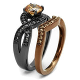 His Her Round Cut Champagne CZ Black and Brown Plated Stainless Steel Wedding Ring Set