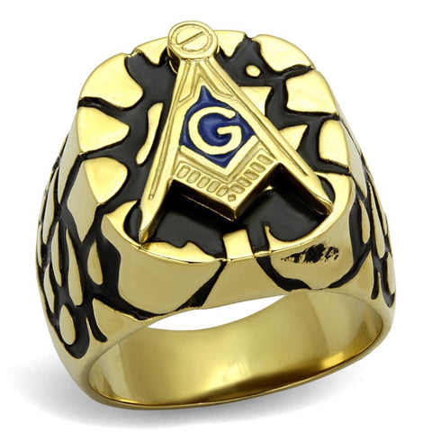 Men's Mason Cobblestone Design Masonic Freemason Ring Stainless Steel with Yellow Gold Plating