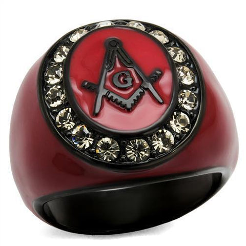 Mens Masonic Mason Lodge Ring in Stainless Steel Black Stones and Red Epoxy Accents